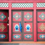 The colorful doors to the Etigel Khambin temple, where the well-perserved body of the 12th Pandito Hambo Lama lies.