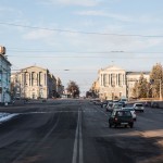 Cars approaching Lenin Street, the main throughway in Kursk.