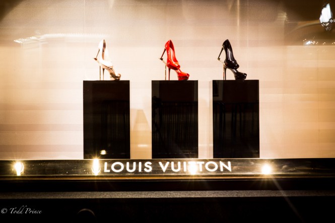 Louis Vuitton shoes in the window of GUM shopping center on Red Square. 