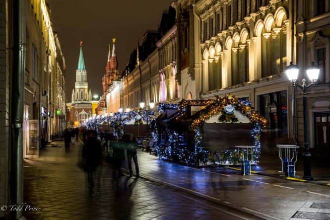 A Christmas market lines this pedestrian street near Red Square. 