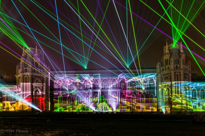 The 3D multimedia show in progress on the palace facade at Tsaritsino Park.  