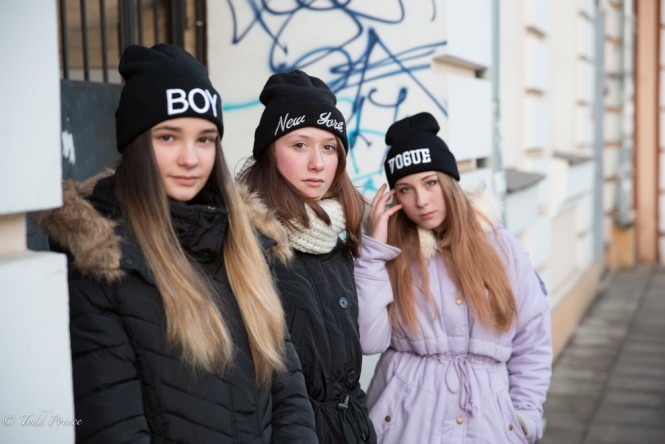 Black winter hats are in fashion, regardless of what is written on it. These three girls were walking down the pedestrian street in Vladivostok. Nastya with the NYC hat takes hip-hop dance classes. They all said they wanted to move to St. Petersburg.