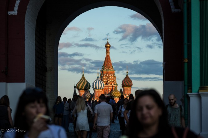 Red Square at sunset as seen through the main entrance.