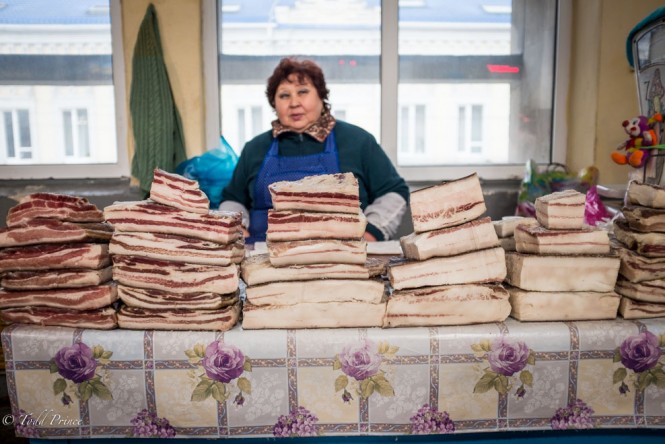A woman selling Salo at the Rostov market. 