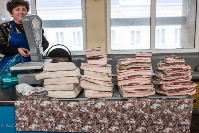 A woman selling Salo on the second floor of the Rostov Meat Market. 