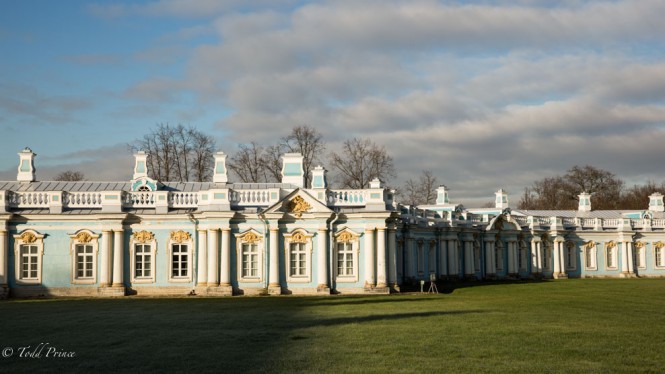 The sun is rising to the left of the picture, creating the hard shadows on this part of the Catherine palace. 