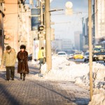 A Russian woman dressed in fur walking down Leninsky Prospect on a cold but sunny Moscow winter day.