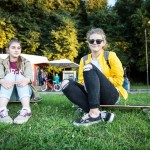 Sonya, 15, and Liza, 14, at Vorobyovskaya Naberezhnaya with their boards.